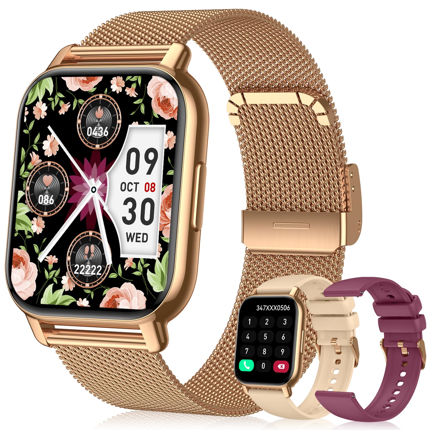Smart Watch for Women(3 Bands), Smartwatch Fitness Tracker with Bluetooth Calls & AI Voice Control, 1.85’’ HD Screen, Heart Rate/SpO2 Monitor, Sleep Tracker, Compatible with Android iOS (Gold)