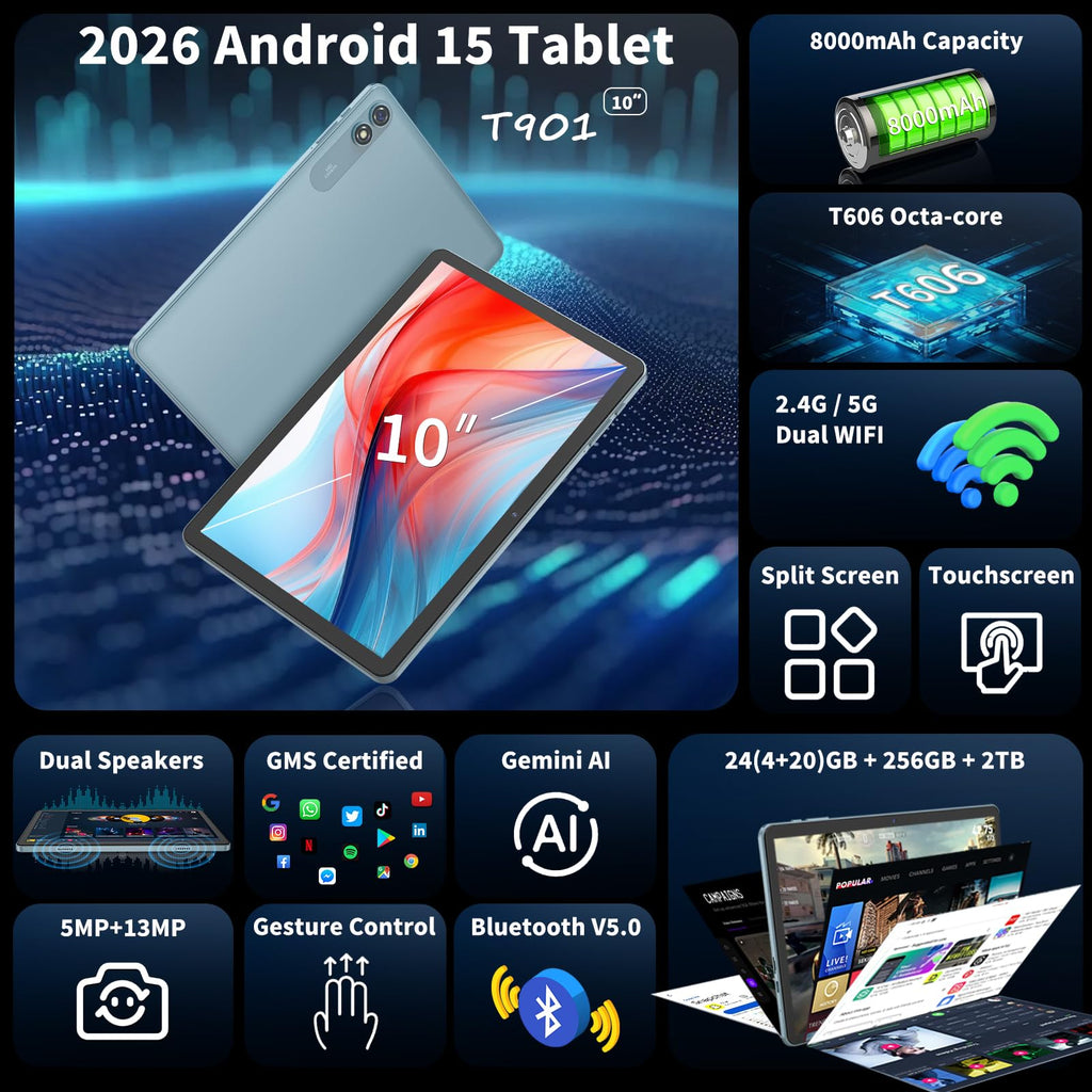 10 inch Android 15 Tablet, 2026 Tablet with Keyboard, 24GB+256GB+2TB Expand, 2 in 1 Tablets with Gemini AI, Octa-Core, 8000mAh, 5G WiFi, Widevine L1, GMS, Tablets PC with Case, Mouse, Stylus (Pink)