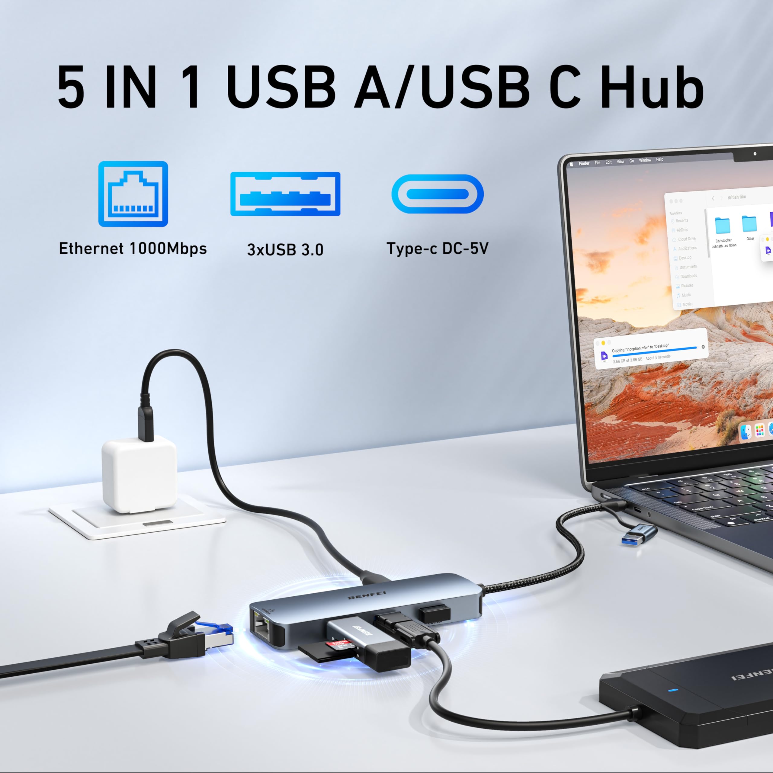 Adaptador Ethernet Gigabit USB-C con Hub USB 3.0 de