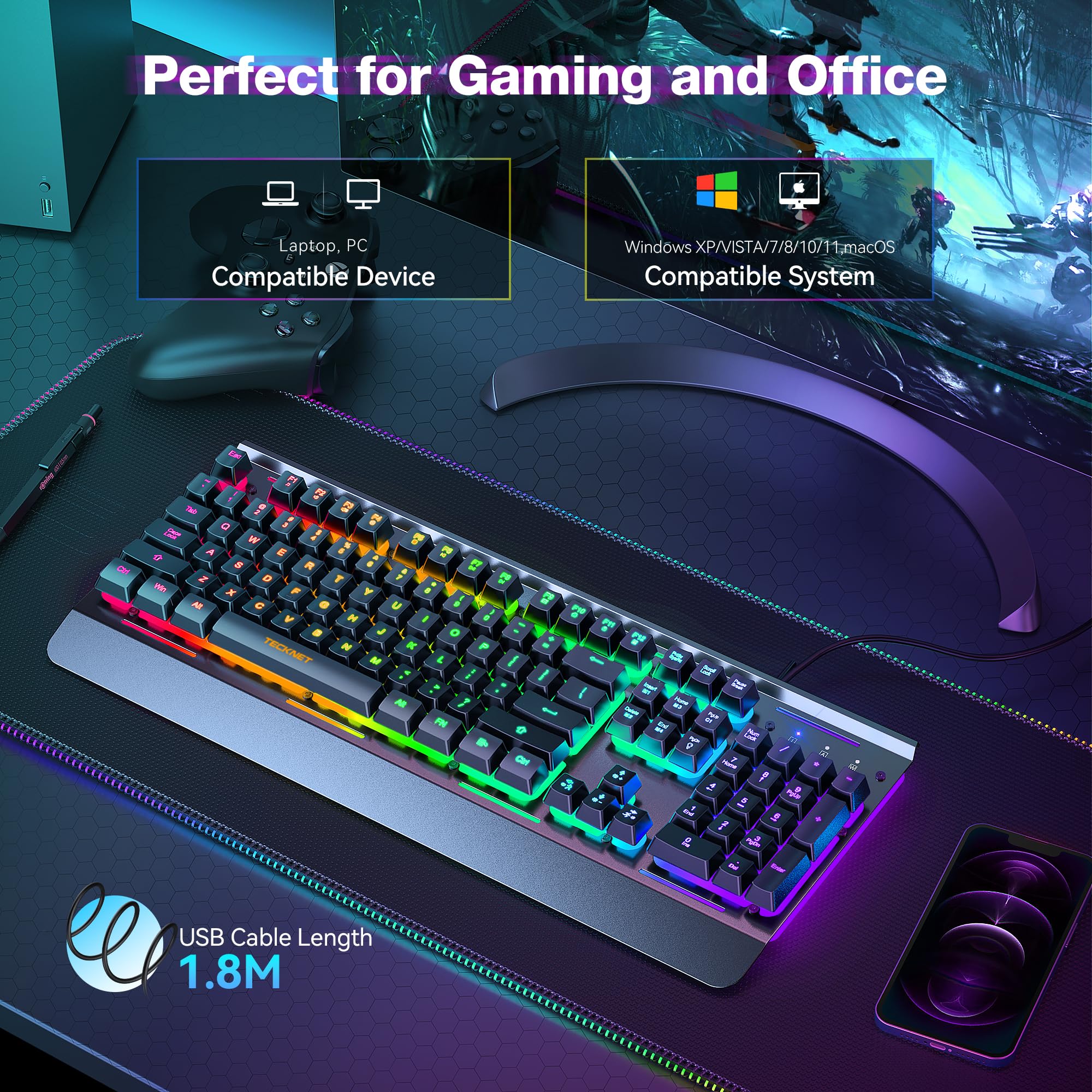 TECKNET Gaming Keyboard, USB Wired Computer Keyboard, 15-Zone RGB Illumination, IP32 Water Resistance, 25 Anti-ghosting Keys, All-Metal Panel (Whisper Quiet Gaming Switch)