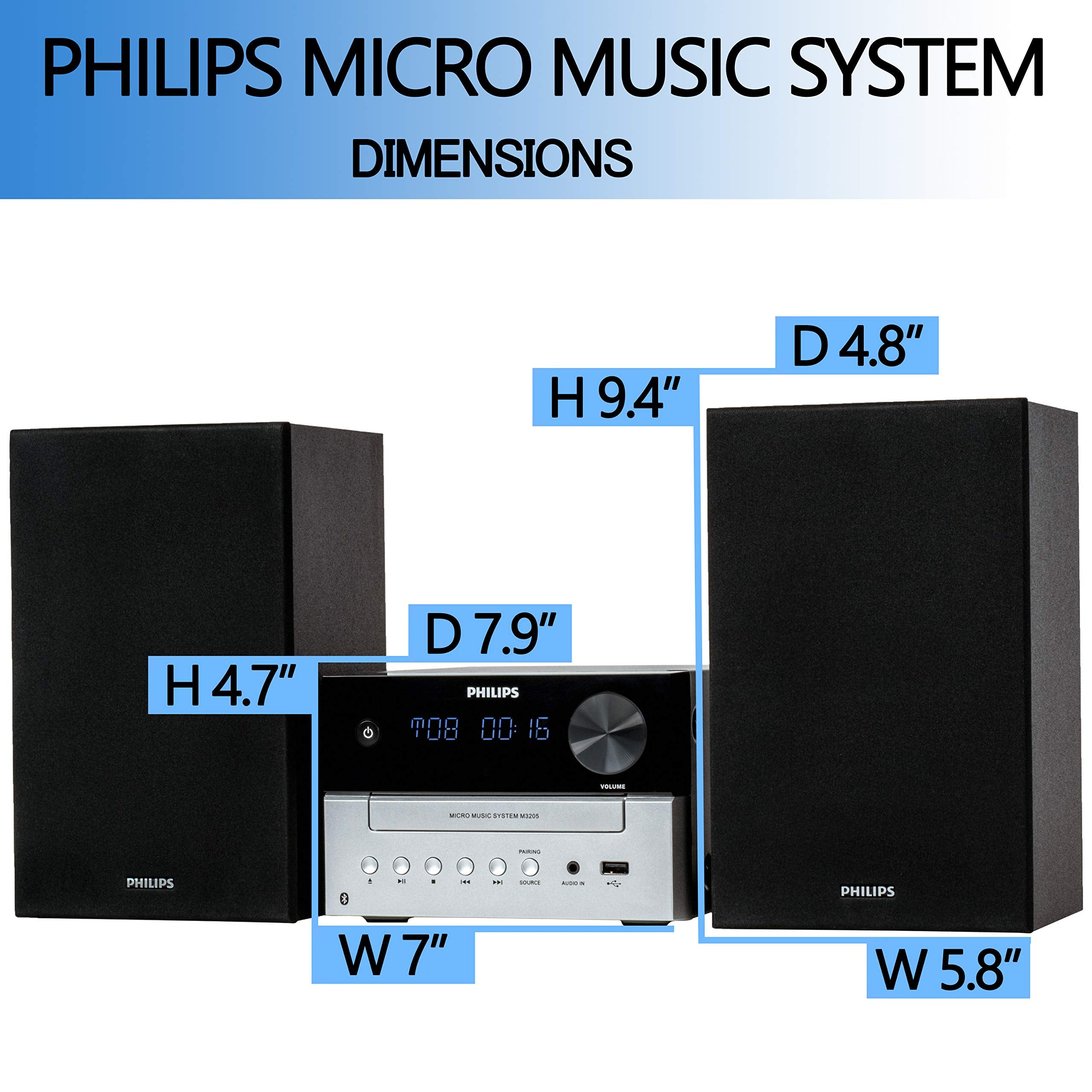 Philips Bluetooth Stereo System for Home with CD Player for Home, Wireless Streaming, MP3, USB, Audio in, FM Radio, 18W, Micro Music Sound System