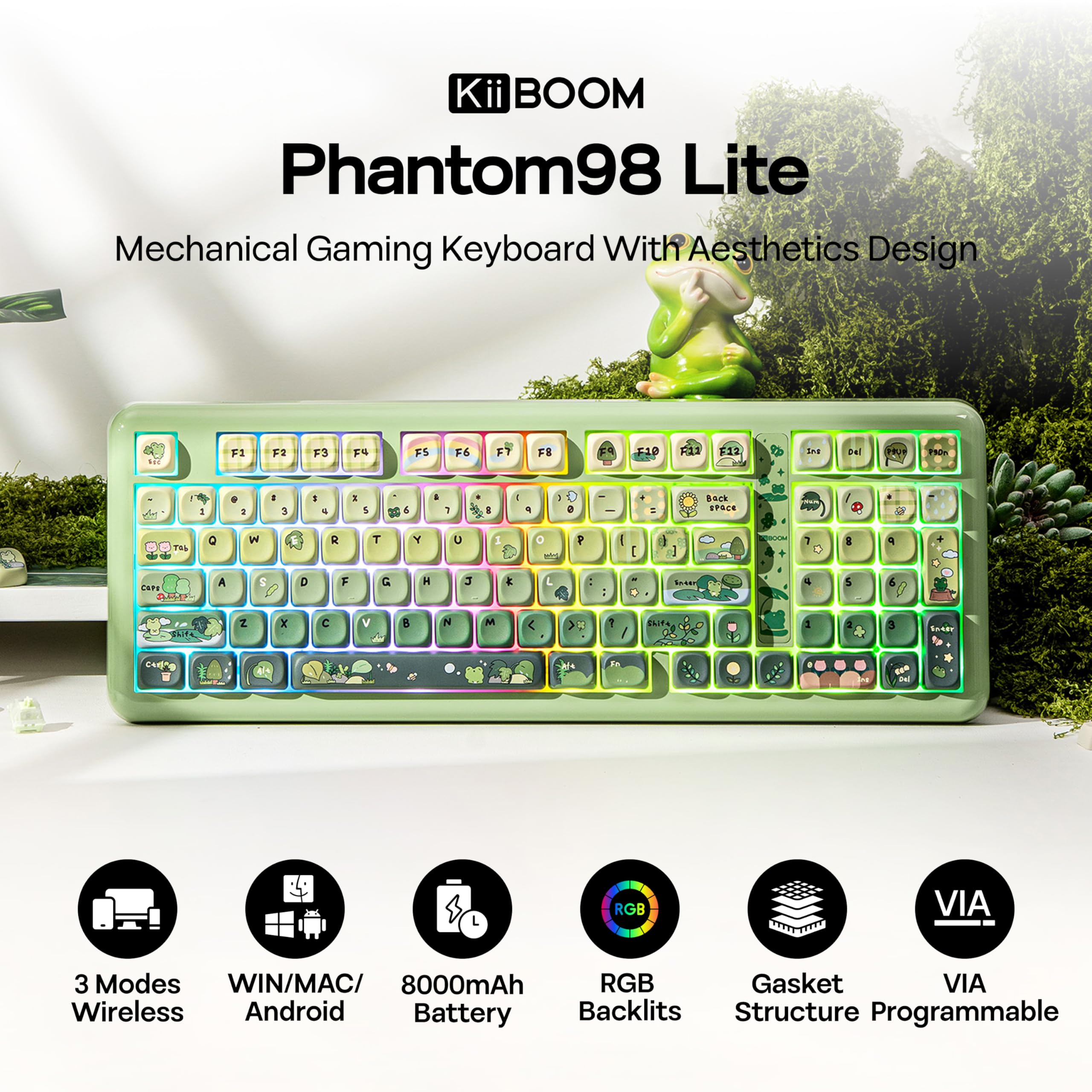 KiiBoom Phantom98 Lite 96% Wireless Mechanical Gaming Keyboard, VIA Programmable, Creamy Keyboard with Gasket, 8000mAh Battery, Hot Swap, RGB Backlits, NKRO for Win/Mac (Green, Mossy Silent Switch)