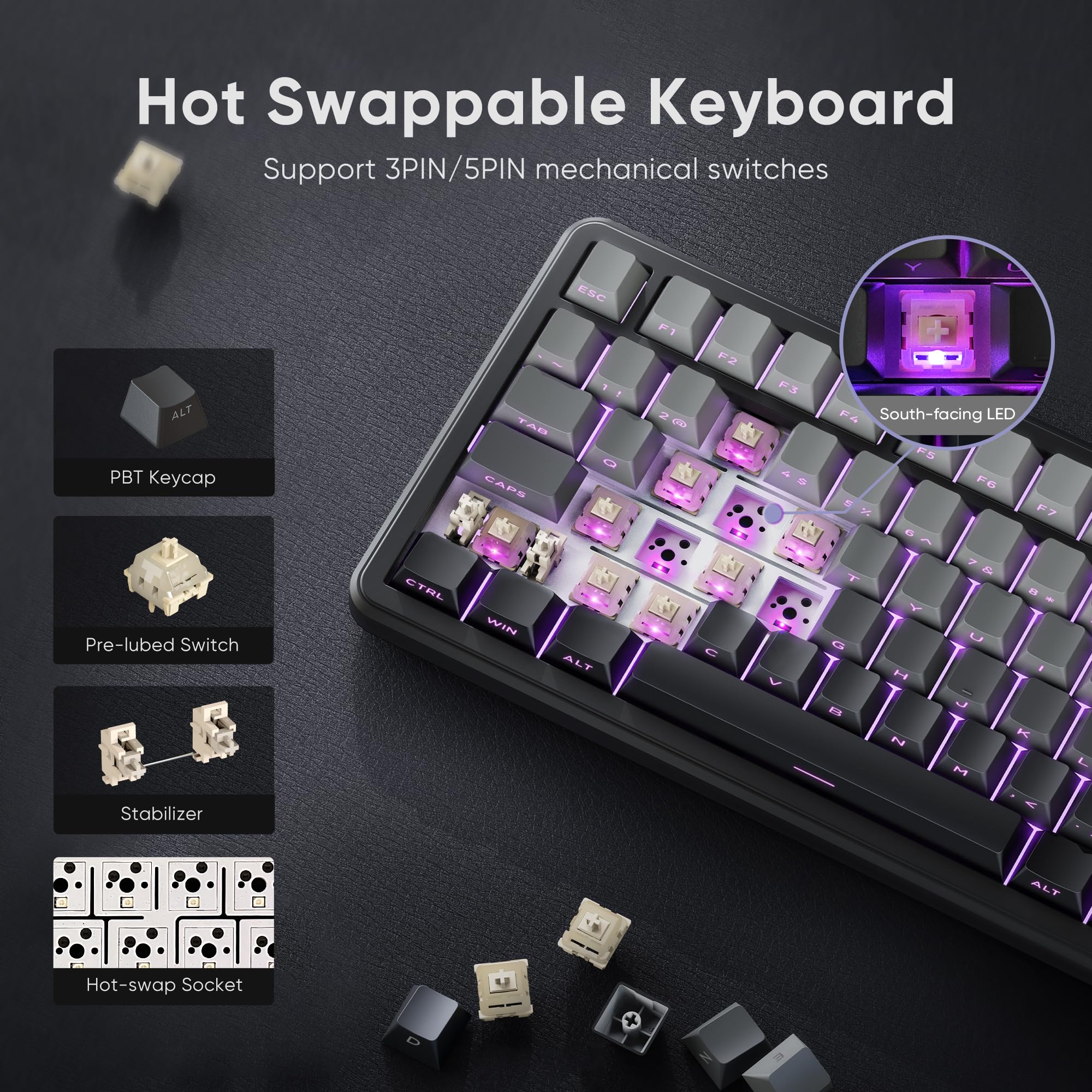 RedThunder K75 Wireless Mechanical Gaming Keyboard, 75% Hot Swappable Creamy Keyboard with Knob, RGB Backlit, Pre-lubed Linear Switches, Side Engraved PBT Keycaps, Wireless/Wired/BT5.0, Gradient Gray