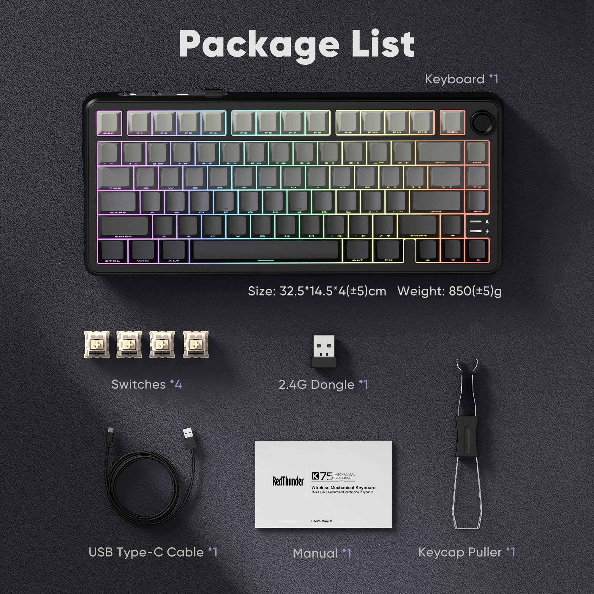 RedThunder K75 Wireless Mechanical Gaming Keyboard, 75% Hot Swappable Creamy Keyboard with Knob, RGB Backlit, Pre-lubed Linear Switches, Side Engraved PBT Keycaps, Wireless/Wired/BT5.0, Gradient Gray